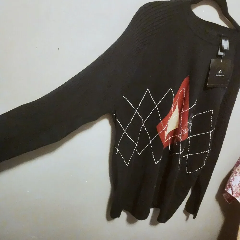 VTG Claiborne Black Red Argyle Diamond Cotton Golf Grandpa Sweater XL Long NWT - Picture 2 of 8